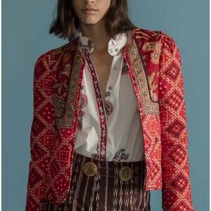 NEW Alix of Bohemia Bandana Bardot Quilted Jacket Red Rouge Open Front, L